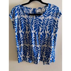 Rachel Zoe Blue White Linen Leaf Print Top Short Sleeve Blouse Women's M